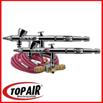 Airbrush-Erweiterungsset mit Luftverteiler, 2 Gewebeschläuchen und 2 TopAir-FL-20 Airbrushes