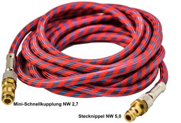 Gewebeschlauch Rot, 3,0 Meter mit Stecknippel 5,0 mm  und Minischnellkupplung