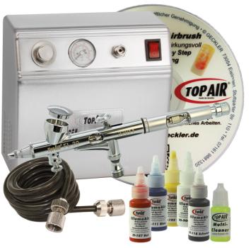 Airbrush-Starterset mit Kompressor SilverSmart,  Schlauch, TopAir FL-30, Farbset