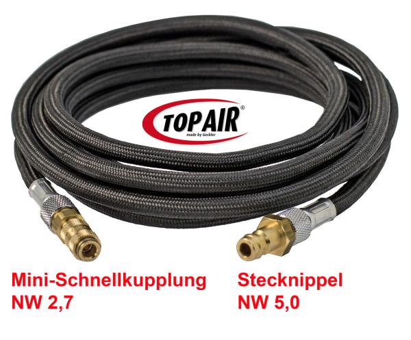 Gewebeschlauch Schwarz 3,0 Meter mit Stecknippel 5,0 mm  und Minischnellkupplung 