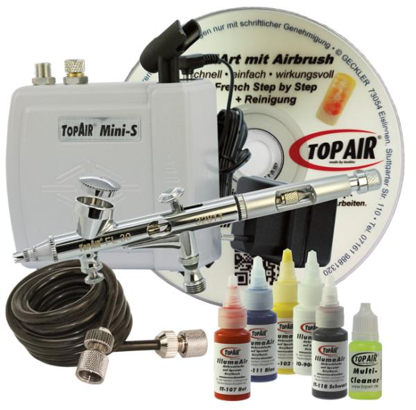 Airbrush-Starterset mit Minikompressor,  Schlauch, TopAir FL-30, Farbset