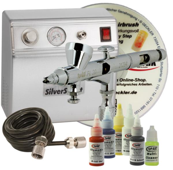 Airbrush-Starterset mit Kompressor SilverSmart,  Schlauch, TopAir FL-20, Farbset