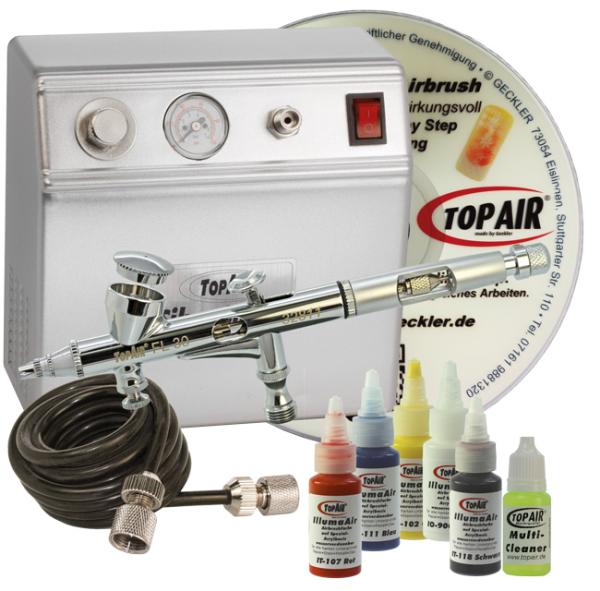 Airbrush-Starterset mit Kompressor SilverSmart,  Schlauch, TopAir FL-30, Farbset